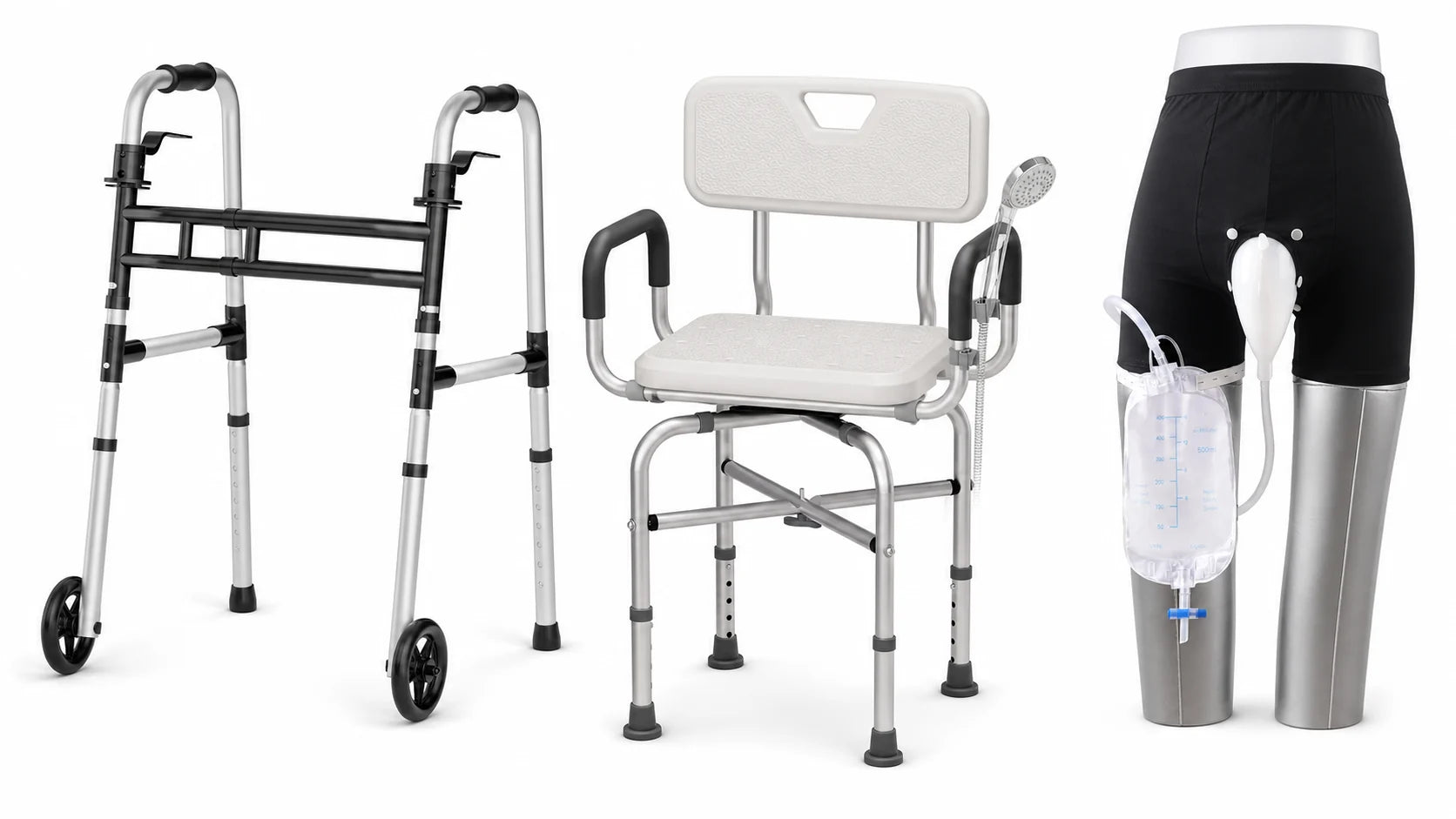 A walker, shower chair and urine collection system from the team’s earlier everyday-care range.