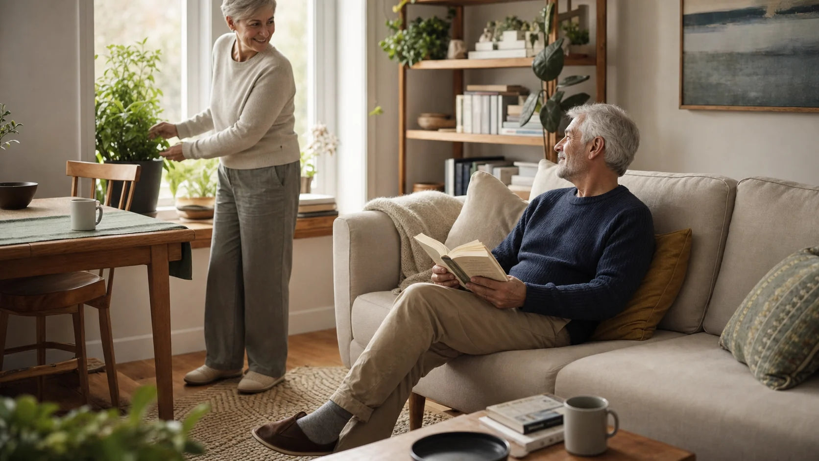 An older couple enjoying a relaxed moment at home.