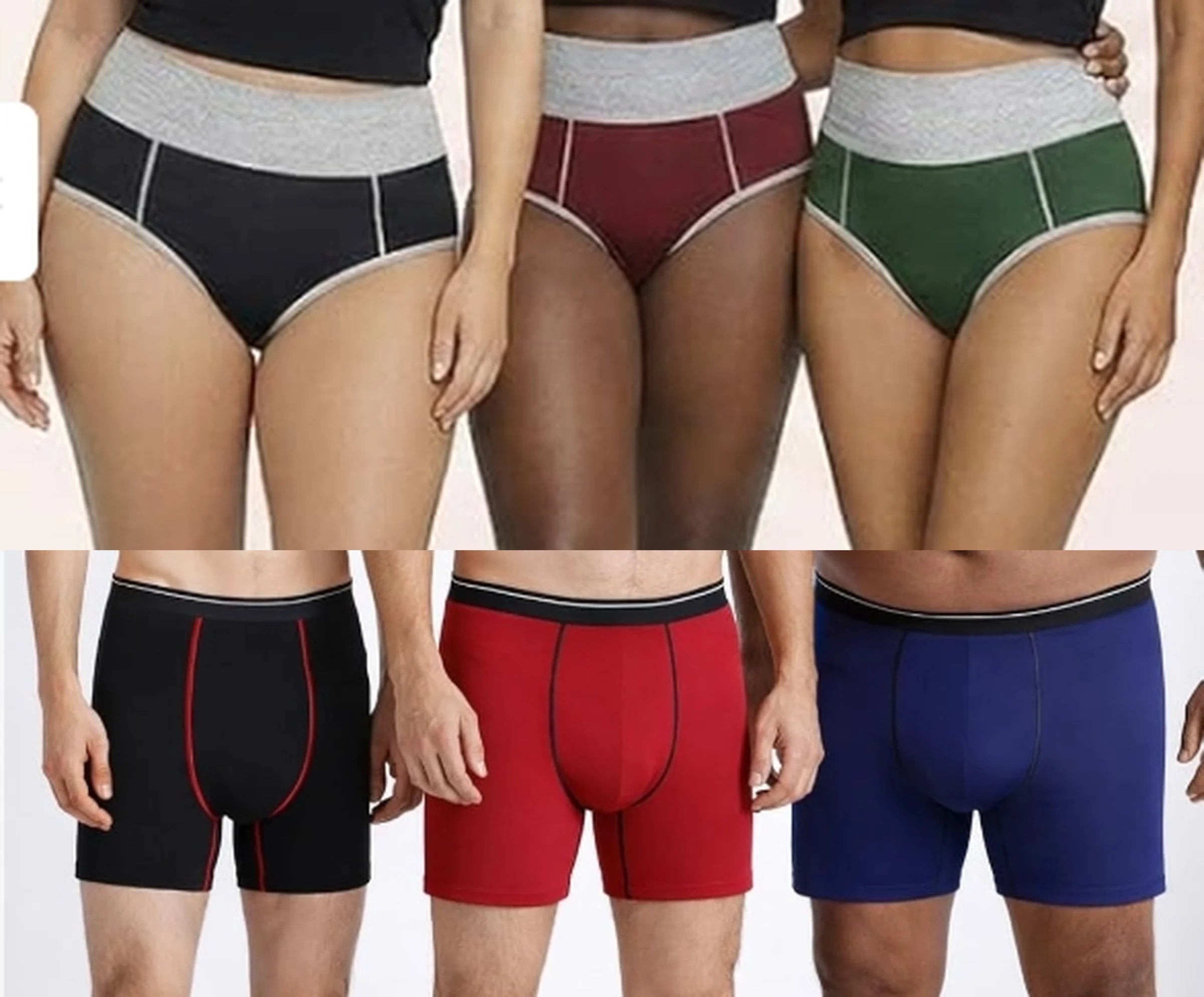 Women’s briefs with color accents and men’s boxer-style underwear in multiple colors.