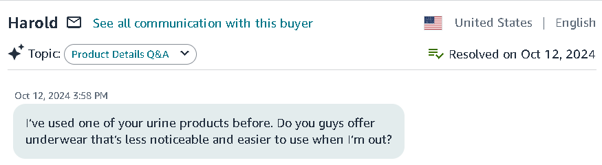 An October 2024 customer message asking for underwear that is less noticeable and easier to use away from home.